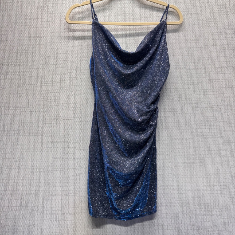 Lovely Day Mini Dress Womens Small Blue Glitter Cowl Neck Ruched Sparkly Glam